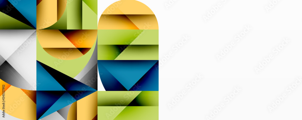 Poster Modern abstract composition with layered circles and angular segments featuring gradients, transparency effects, and a structured geometric layout