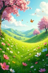 Tranquil meadow with fresh grass, blossoming trees and butterflies fluttering, beauty, outdoors