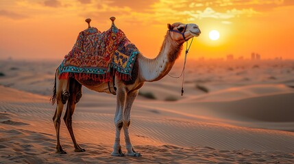 Desert camel sunset silhouette, Dubai dunes