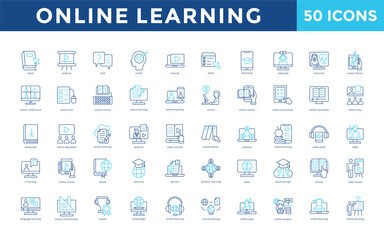 Online learning icons set with book, webinar, chat, smart, tutorial, exam, e learning, video call, instructor, online fitness icon. Simple outline color vector 
