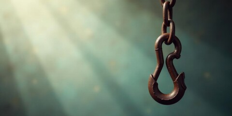 Obraz premium Rustic Metal Hook Hanging on a Chain Against a Soft Teal Background with Sunbeams