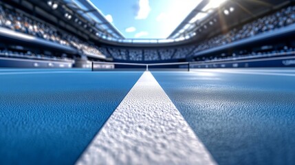 Obraz premium A modern outdoor tennis stadium with a pristine blue hardcourt and white boundary lines. The net is perfectly stretched, and the surrounding seats are filled with eager spectators. The sky is clear, a