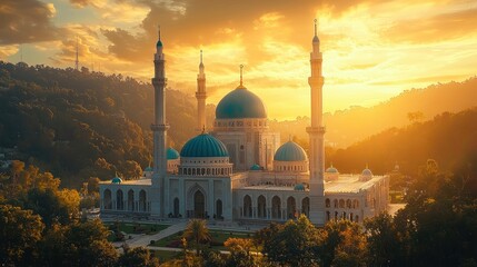 Obraz premium Sunset aerial view of majestic hilltop mosque