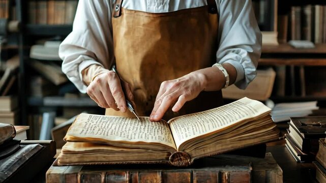 archivist working with ancient books, traditional tools and warm tones in historical study