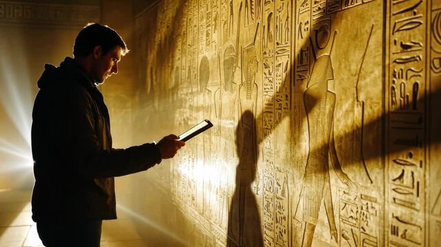 historian analyzing ancient Egyptian hieroglyphs, warm lighting in museum setting