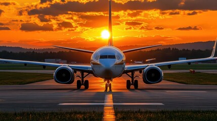 Airplane on runway during stunning sunset with golden sky hues