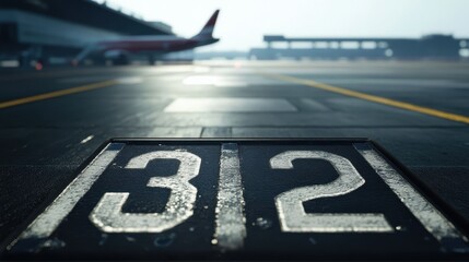 Airport taxiway sign with runway number visible at sunset