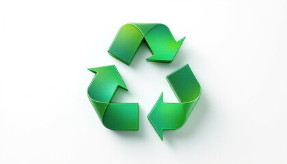 Obraz premium Green three dimensional recycling symbol isolated on white background