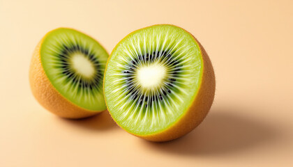 Two halves of a fresh green kiwi fruit are presented together