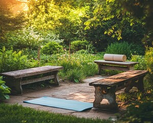 Yoga practice session in lush garden sanctuary serene environment natural light relaxation concept