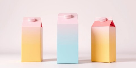 Three pastel-colored beverage cartons, sleek modern design, studio shot, food, illustration