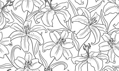 Hand drawn lily branch seamless pattern. Flower Botanical Hand drawn Background. Vector illustration.