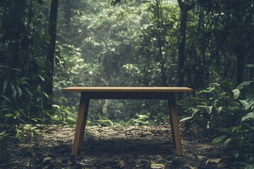 Naklejka premium Wood Desk Table Empty for Presenting a Product on Forest Nature Background with Vintage Soft Tone