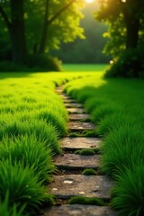 Obraz premium Serene Stone Path Through Lush Green Grass at Golden Hour