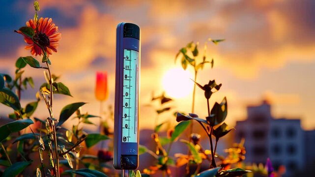 close-up of a thermometer showing high temperatures under the sun