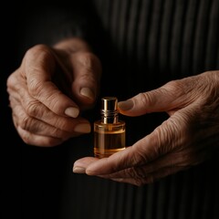 Elderly woman's hands gently cradle a small perfume bottle, showcasing delicate details as they interact with the object in an intimate, dimly lit atmosphere