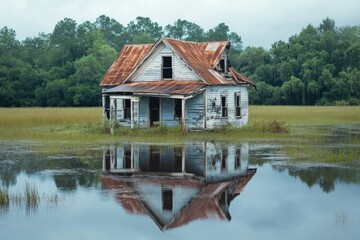 Obraz premium Abandoned house, flooded field