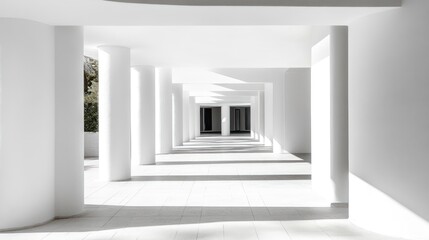 White Colonnaded Corridor, Sunlight, Perspective, Architectural Photography, Interior Design, Elegant Ambiance, Empty Space, Modern Architecture