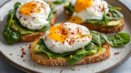A spinach and avocado toast with poached eggs and chili flakes.