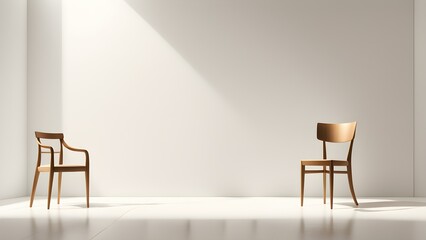 Two simple wooden chairs sit a bright, minimalist room sunlight streaming in.