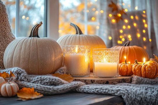cozy autumn decor with pumpkins candles and warm knitted blanket