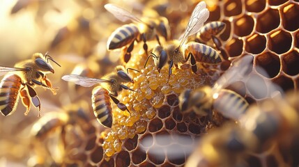 Scientific 3D rendering of a beehive, showing the queen bee, worker bees feeding young larvae, and drone bees preparing for reproduction.