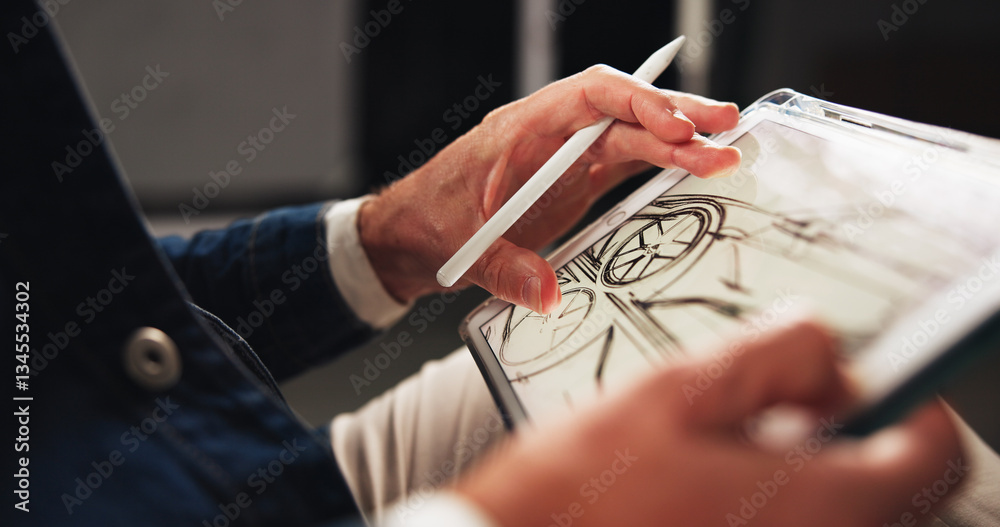 Poster person, hands and designer with tablet screen or sketch for car prototype or modeling at office. clo