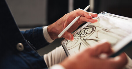 Person, hands and designer with tablet screen or sketch for car prototype or modeling at office....