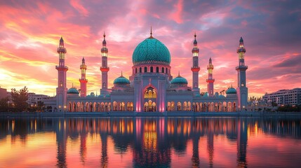Majestic Mosque Sunset Reflection, Waterfront Cityscape