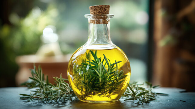 Aromatic Infusion: A beautifully crafted glass bottle filled with golden olive oil and fresh rosemary sprigs, showcasing the perfect blend of natural ingredients.