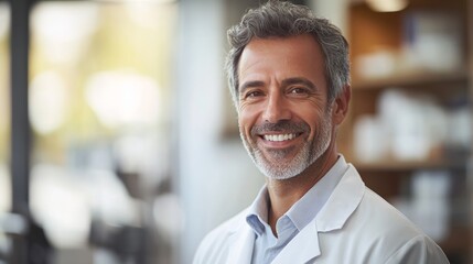 Fototapeta premium Smiling veterinarian exudes compassion and care in a professional portrait.