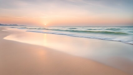 Fototapeta premium Gentle ocean waves caress a pristine beach sunset, creating a tranquil idyllic scene. soft light bathes sand warm, golden hues.