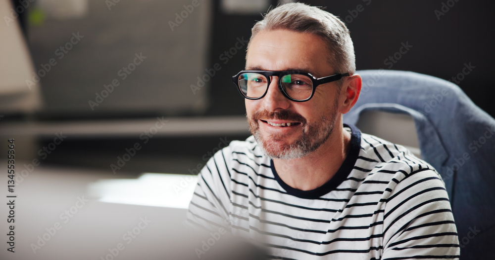 Aufkleber office, mature businessman and smile with computer for developer, software update and research info.