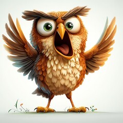 Obraz premium An irate cartoon owl, wings outstretched, lets out a loud screech against a simple white backdrop. Its expression is one of intense fury.