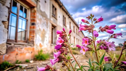 Obraz premium Urban Exploration Photography: Pink Hairy Beardtongue Wildflowers, Penstemon hirsutus pygmaeus, Abandoned Building, Decay, Nature, Cityscape