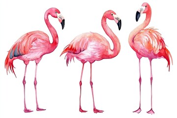 Fototapeta premium Set of watercolor vibrant flamingos hand drawn on a white background