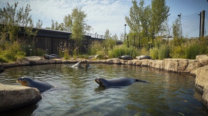 Naklejka premium Sea lions basking in a naturalistic habitat at the zoological garden