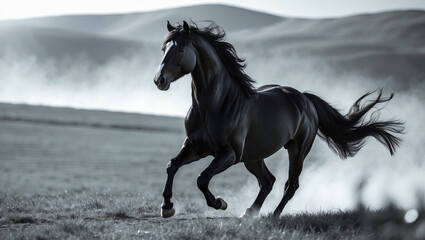 black horse running on the beach