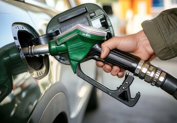 Close-up of hand refueling car with green gas nozzle at station.