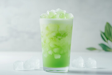 a large glass of traditional Indonesian cendol, filled with green pandan rice flour jelly