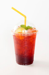 Iced lemon tea in a plastic cup, Thai drink