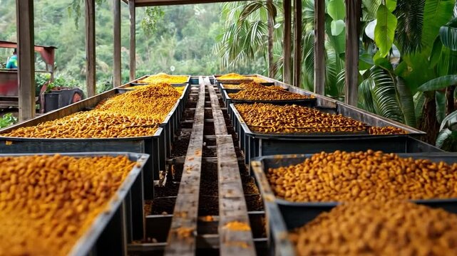 Golden Harvest: A vivid array of golden-hued spices meticulously arranged for drying, set against the backdrop of a vibrant, verdant landscape. The scene is bathed in warm, natural light.
