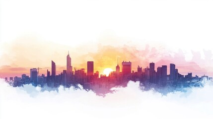 Obraz premium Vibrant Stylized Digital Painting of a Bustling City Skyline at Sunset
