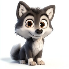 Fototapeta premium Adorable Cartoon Wolf Pup with Big Eyes, Sitting and Smiling Sweetly Against a White Background