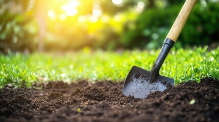 Gardening Tool Shovel Digging Soil in Sunlit Greenery Scene