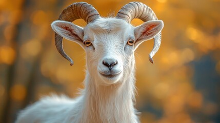 Majestic white goat portrait, autumn forest background