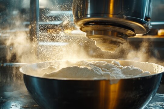 Flour Pouring from Mixer into Bowl in Bright Kitchen Environment - Powered by Adobe