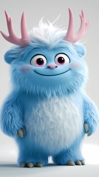 Cute fluffy blue monster with horns and a big smile