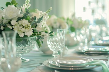 Beautiful Wedding Reception Table with Elegant White Floral Centerpiece and Mint Green Table Setting