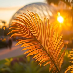 Fototapeta premium Golden Palm Leaf Sunset for Garden City.